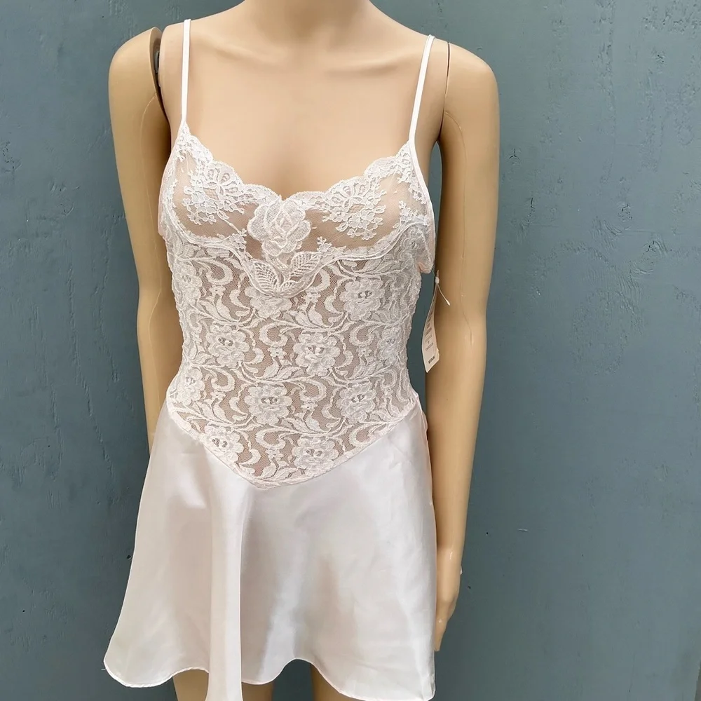 New Vintage Pink Lace Satin Women Babydoll Mini Slip Dress Size Medium NWT - Picture 9 of 12